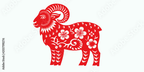Tableau sur toile Red Goat Ram With Floral Ornamentation Paper Cut Vector Illustration