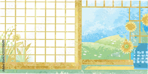 Japanese shoji screen and summer landscape illustration