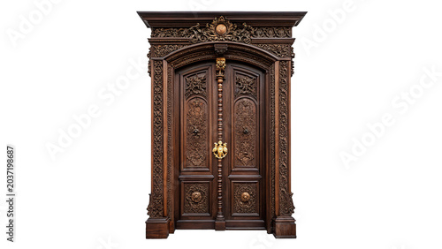 Foto Vintage ornate dark wooden door classic architecture house entrance on transpare