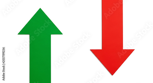 Tableau sur toile Green arrow pointing up red arrow pointing down isolated on white desig