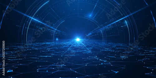 Futuristic Blue Technology Background With Digital Network Grid And Glowing Cyber Light Effect Design