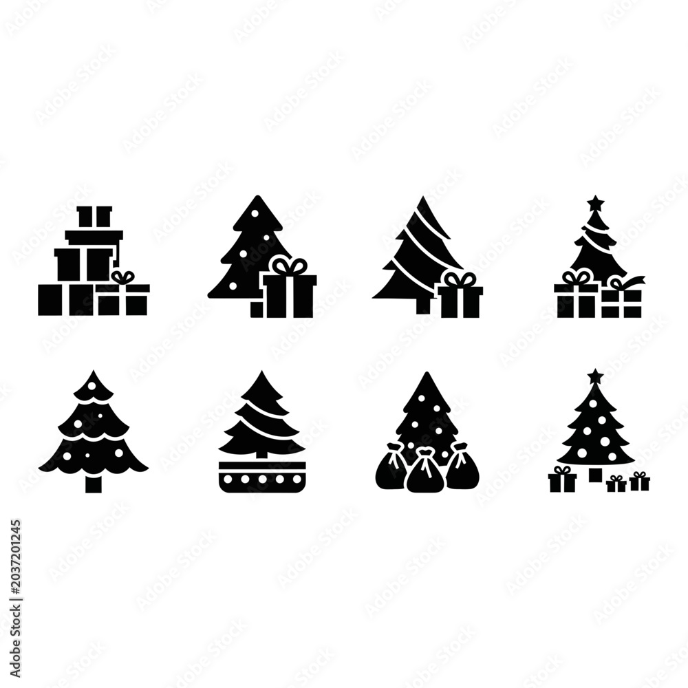 Obraz premium Christmas tree icon set, solid black, white background, vector illustration
