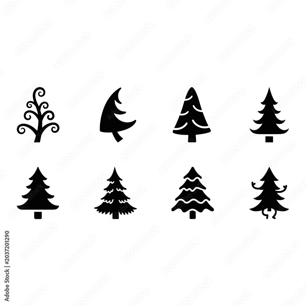 Fototapeta premium Christmas tree icon set, silhouette, white background