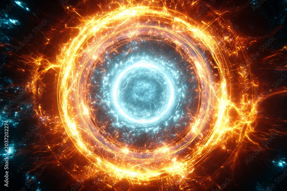 Fototapeta premium Abstract visualization of a clean, dynamic energy core/reactor with vibrant, swirling light effects (fusion power), sci-fi power source, high contrast, digital art, high