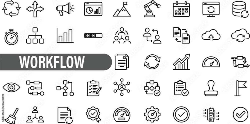 Konstfotografi Workflow line icon set featuring process, automation, pipeline, sequence, flowchart editable vector illustration