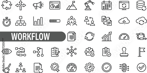 Workflow line icon set featuring process, automation, pipeline, sequence, flowchart editable vector illustration.