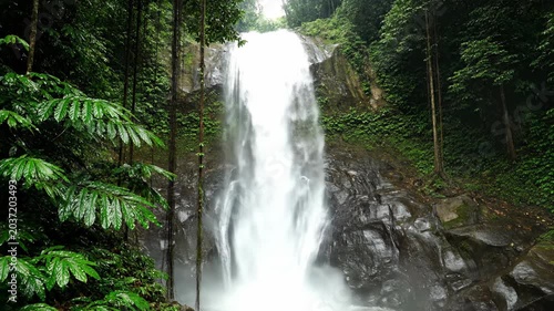 Majestic Waterfall Flowing Through Dense Green Forest Landscape.