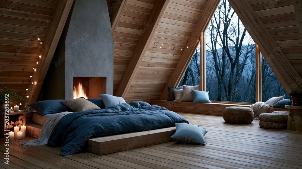 Naklejka premium Cozy wooden a-frame bedroom interior with fireplace and large forest-view windows for hygge bedroom background and interior design