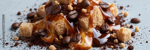 Close up heap of brown sugar cubes with caramel drizzle coffee beans and crumbled grounds for dessert background or food banner design