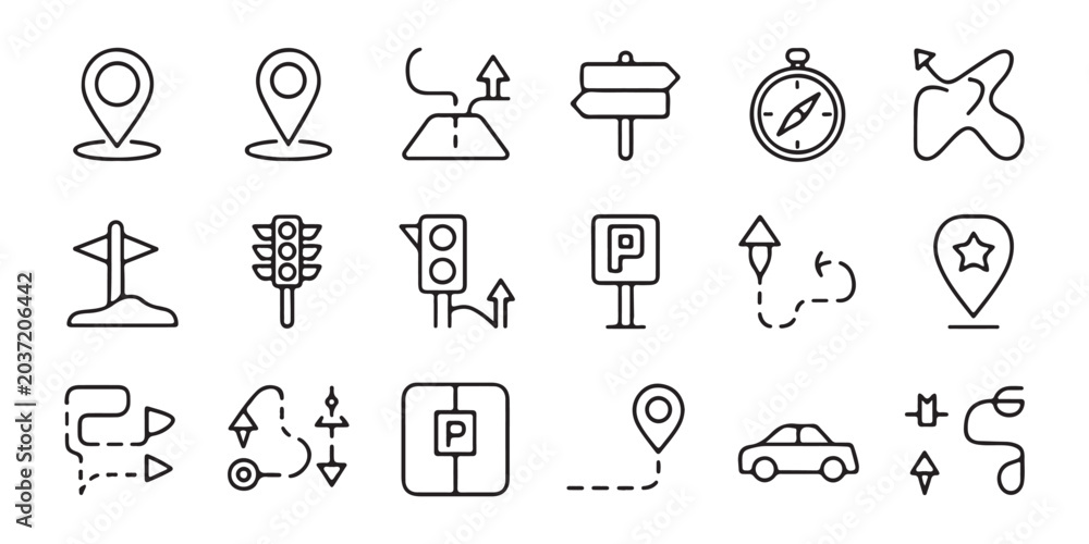 Fototapeta premium Bundle of thin line style navigation icons featuring road signs compass traffic lights and mapping.