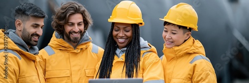 Multicultural group of engineers in yellow protective jackets and helmets using a laptop for team training poster and corporate banner