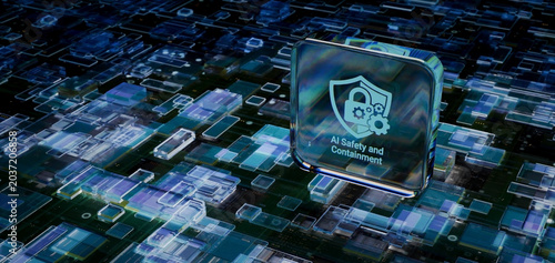 Фотография Holographic AI Safety Shield with Padlock and Gears Securing Digital Circuits Da