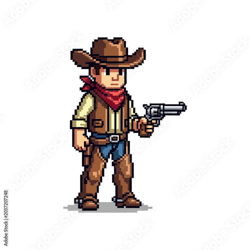 A pixel art cowboy character stands holding a revolver, wearing a hat, vest, and chaps.
