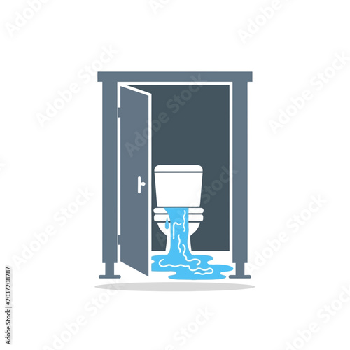 A toilet stall with an open door and water overflowing onto the floor, indicating a plumbing issue.