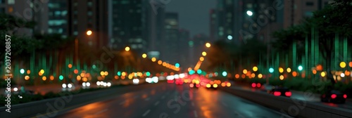 Night wet city street background with bokeh traffic lights and reflective road for panoramic wallpaper and banner design