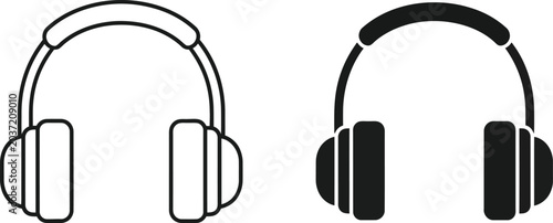 Headphone icon set black and white linear and solid styles