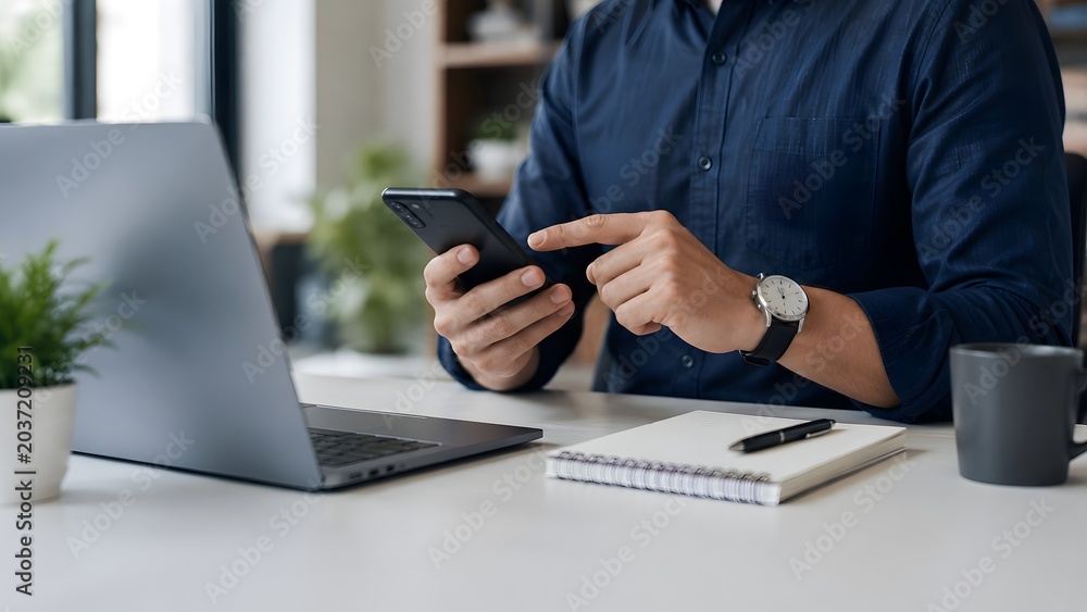 Fototapeta premium Close up of businessman hands texting on smartphone at office workspace with laptop for digital project management