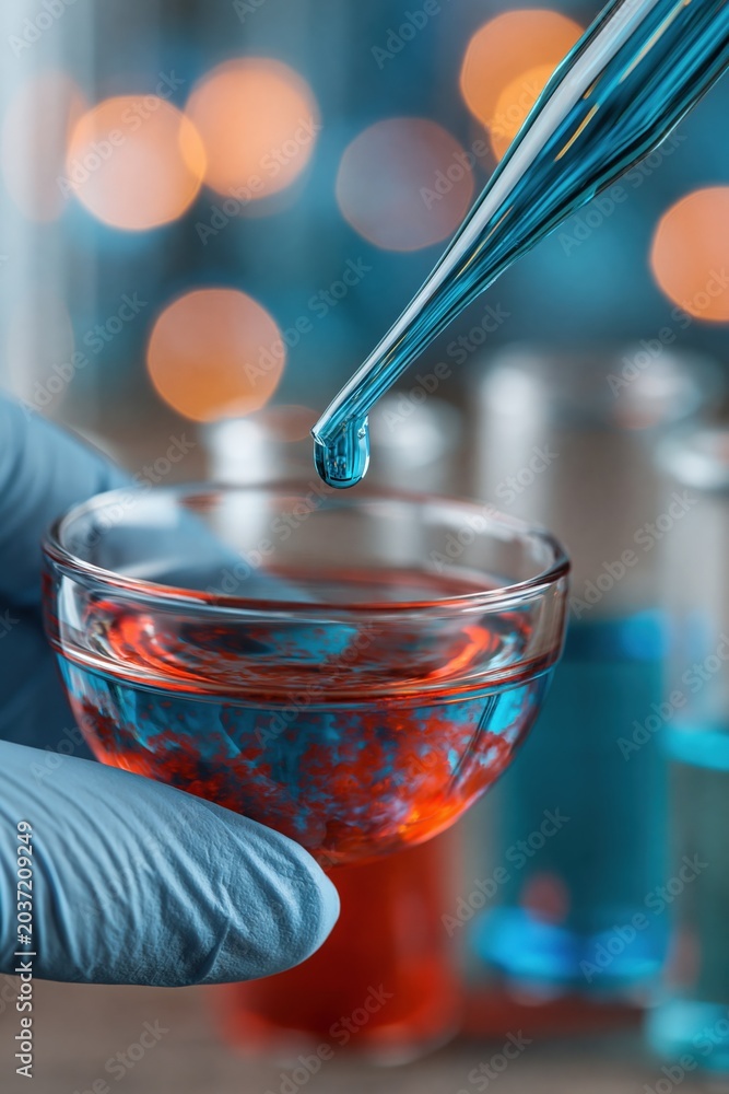 Fototapeta premium Gloved hand holding glass vial with red solution and pipette drop for laboratory background and clinical research poster design