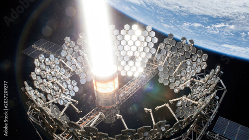 Cluster of steerable orbital mirrors focusing sunlight on a central thermal core for energy generation