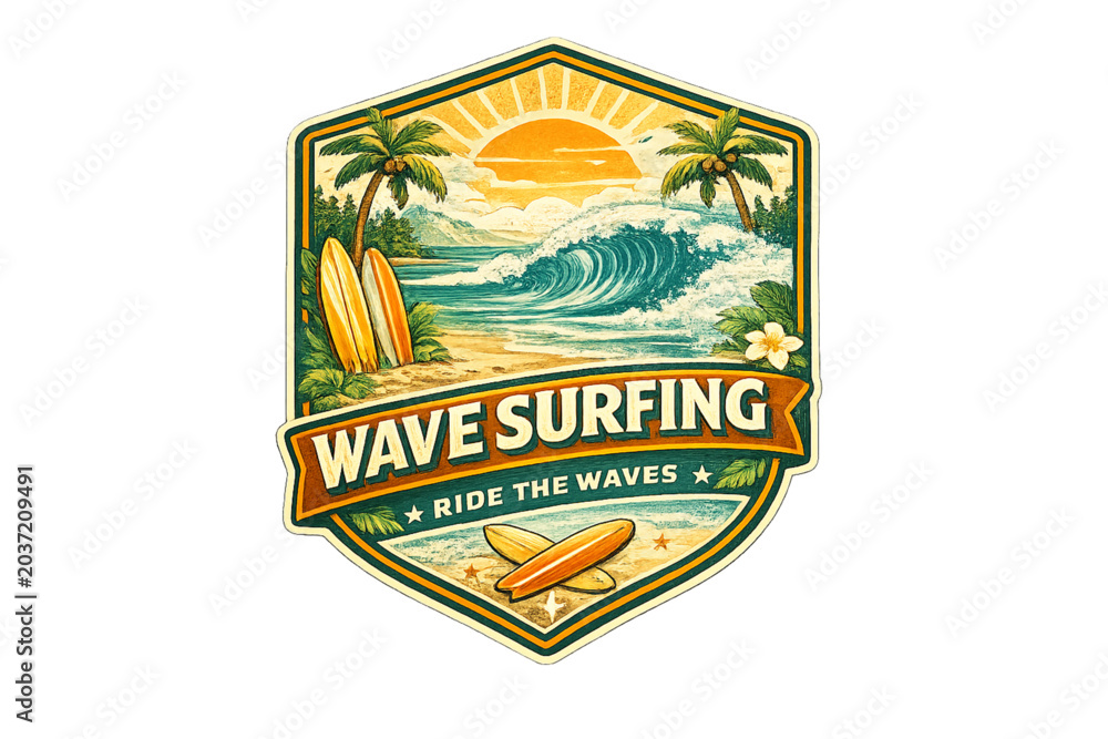 Ταπετσαρία retro surf badge, tropical surf design, vintage surf logo, retro beach badge, su