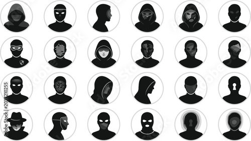 Slika na platnu Cyber security hacker silhouette avatar icons set vector illustration featuring