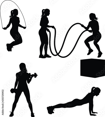 Tableau sur toile Women Fitness Workout Silhouettes with Jump Rope, Dumbbell, Push-Up and Strength