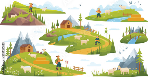 Obraz na płótnie Mountain farm vector illustration collection featuring shepherds herding sheep and goats in green alpine meadows near rustic barns and snowy peaks