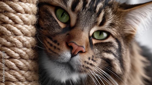 Extreme close up of a tabby cat face with green eyes next to a thick sisal rope