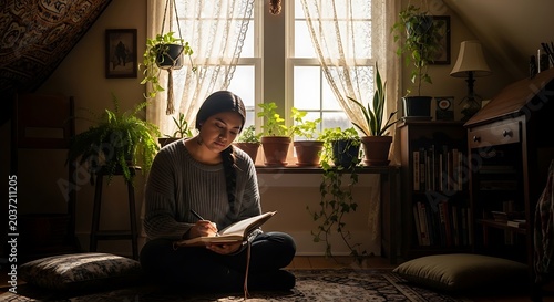 A young woman sits on the floor in a sunlit attic room, writing in a journal surrounded by numerous potted plants.