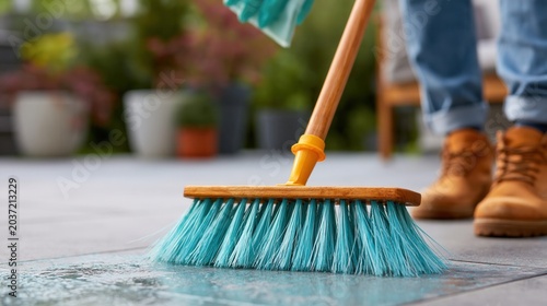 Close up of someone sweeping a wet outdoor patio floor with a blue bristle broom.