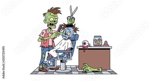 Funny zombie cartoon barber character styling hair in spooky salon