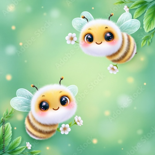 Cute Fluffy Cartoon Honey Bee with Big Sparkling Eyes