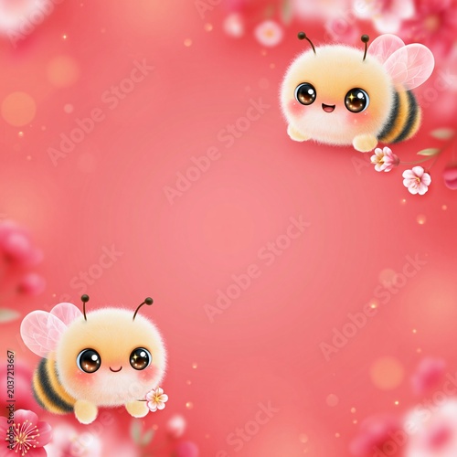 Cute Fluffy Cartoon Honey Bee with Big Sparkling Eyes