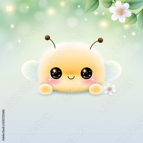 Cute Fluffy Cartoon Honey Bee with Big Sparkling Eyes