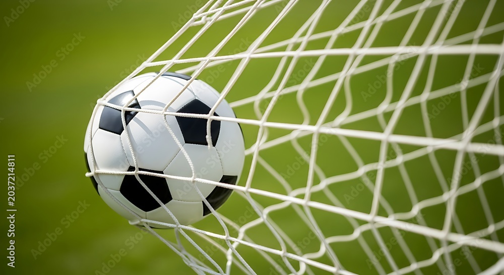 Fototapeta premium Soccer Ball in Net Goalscoring Sports Action Close Up