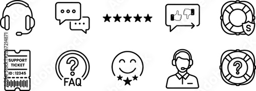 Black line icons for customer service and support