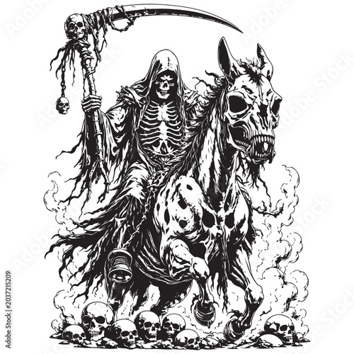 Tableau sur toile Grim reaper on a skeletal steed with black and white