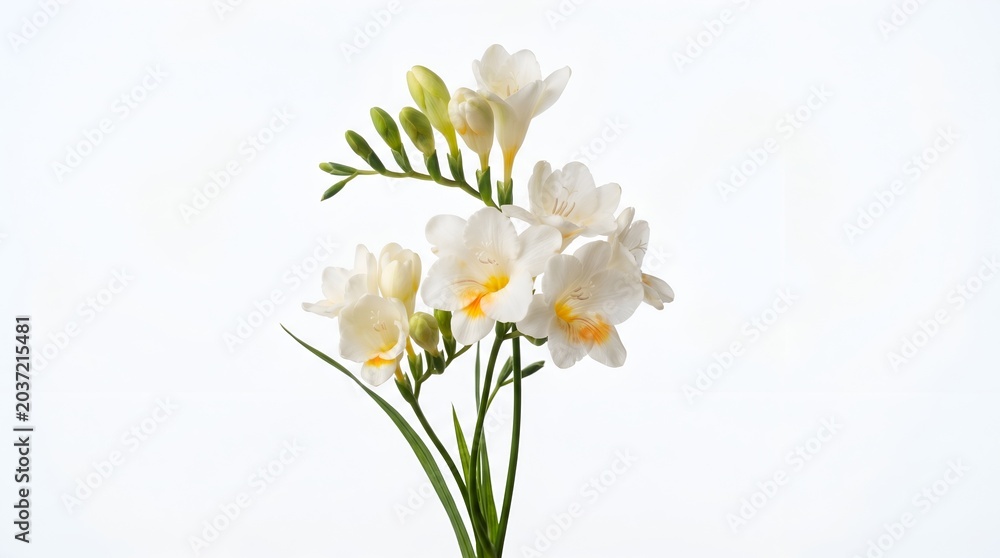 Fototapeta premium White Jasmine Flower Branch with Green Leaves Isolated on White Background, Elegant Floral Arrangement