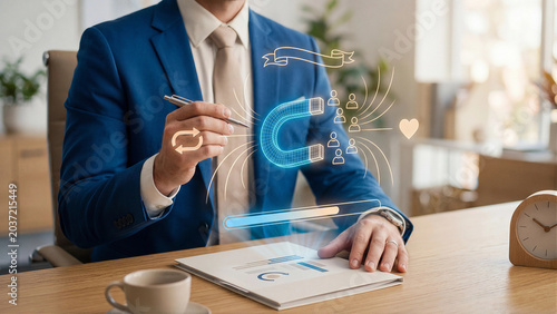 Businessman presenting customer retention concept with holographic magnet attracting loyal audience and repeat cycle icon showing brand loyalty recurring engagement acquisition and marketing strategy