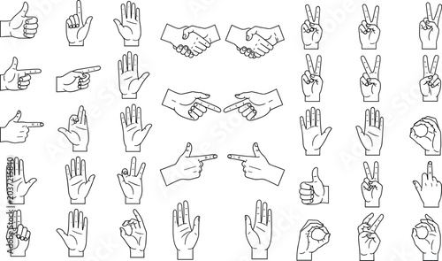 Collection of black and white line art hand gesture illustrations including thumbs up, peace sign, handshake, pointing, and OK symbol