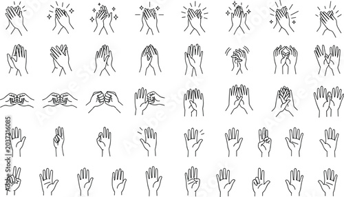 Large collection of hand gesture line icons featuring applause, fist bumps, clapping hands, and various finger counting signs for business communication and user interface design.