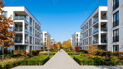 Modern white apartment buildings with balconies lining a paved walkway through a landscaped garden in autumn.