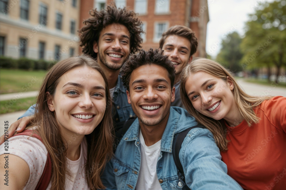 Fototapeta premium Group of young students smiling happily for a selfie on a university campus