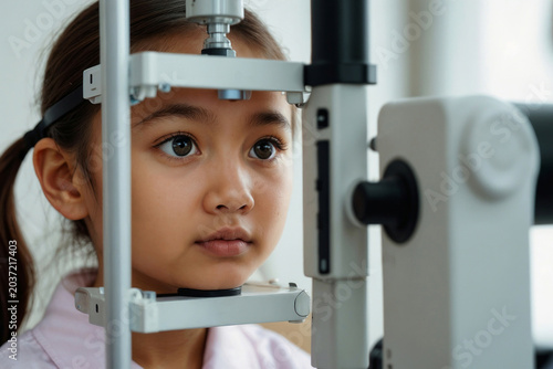 Portrait of Asian Child gets eye exam with special machine. Young Asian girl looks into ophthalmic device at clinic