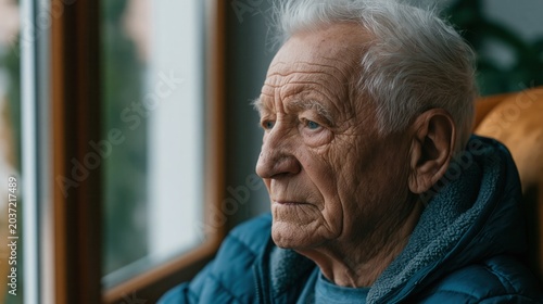 Profile of a thoughtful elderly man gazing out the window.