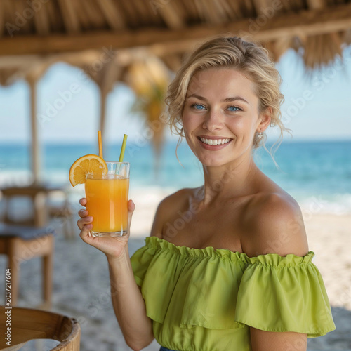 Blonde woman smiles warmly while holding orange drink. Sunlit beach with turquoise ocean in background. Off-the-shoulder green top adds tropical flair