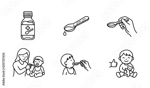Photos Pediatric baby medicine dosage vector icon set featuring syrup bottle spoon mother feeding a toddler healthcare and happy child character