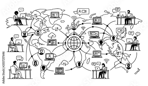 Foto Global communication and remote work network vector illustration featuring freelancers connected across a world map layout with digital lines and cloud nodes