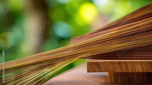 Thin flexible bamboo sheets interleaved in a stacked wooden structure against a blurred green outdoor background