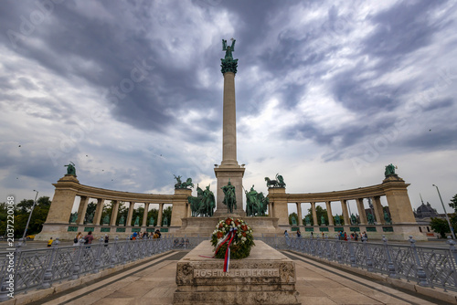 BUDAPEST, HUNGARY, JULY 20, 2024 - Heroes' Square (Hosok Tere) and Millennium Monument with the tombstone of the Unknown Soldier in Budapest, Hungary